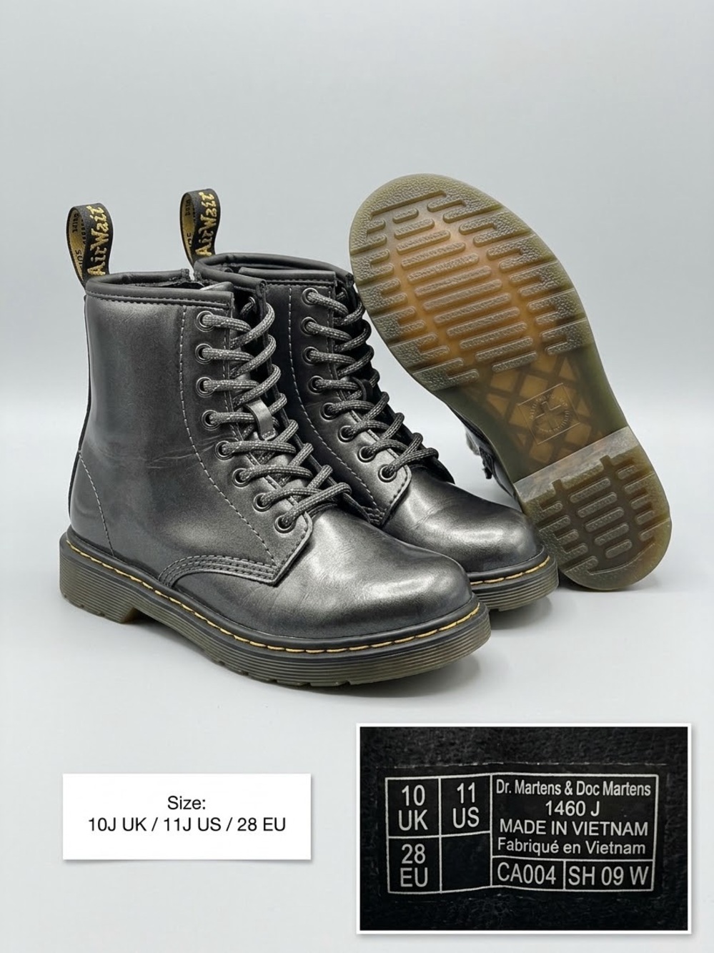 Dr. Martens Black Leather Lace-Up Ankle Boots with Yellow Stitching